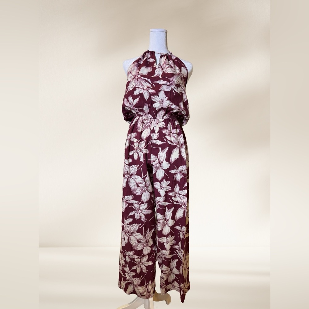 Source Unknown Burgundy Floral Jumpsuit